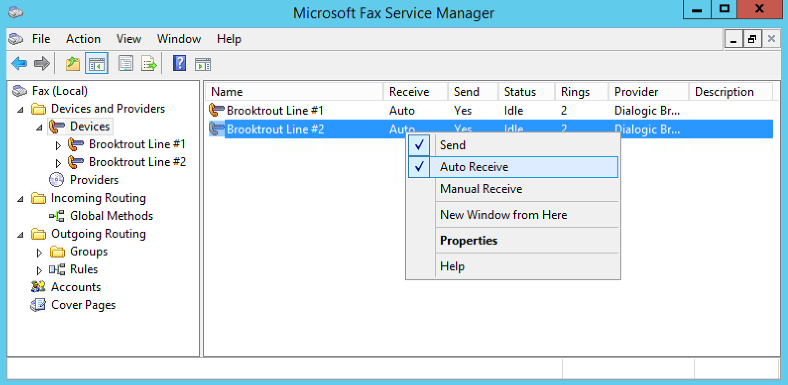 Set the Brooktrout Lines to "Auto Receive" in order to enable receiving faxes. Otherwise, the fax line will ring busy.