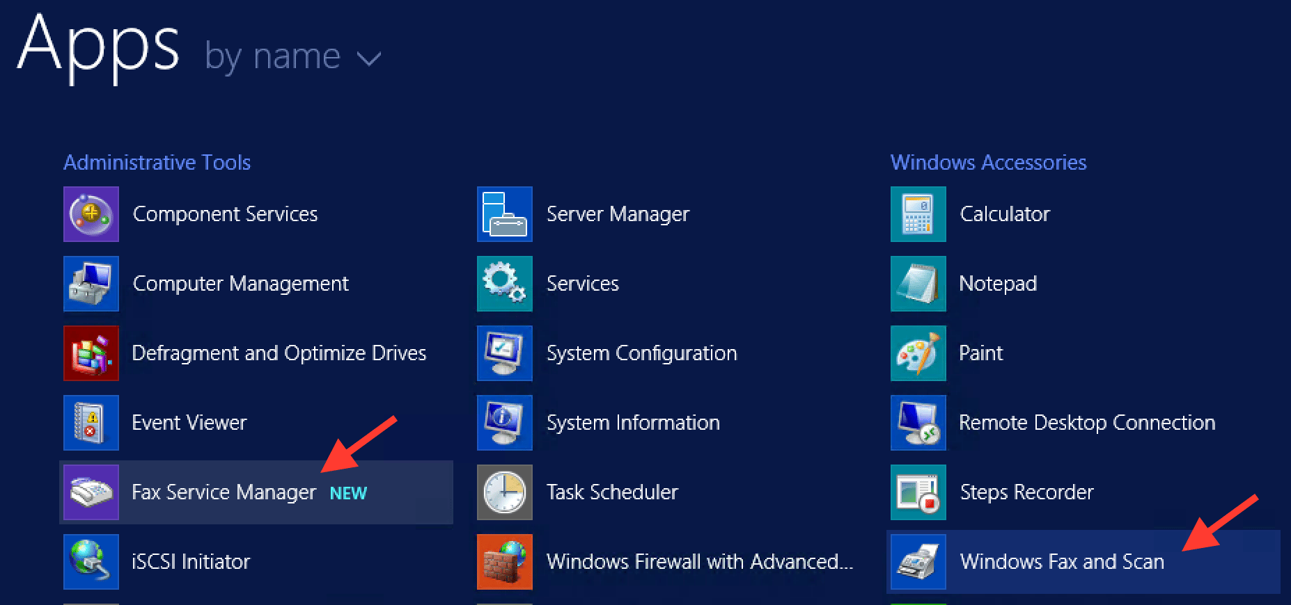 The "Fax Service Manager" and "Windows Fax and Scan" applications